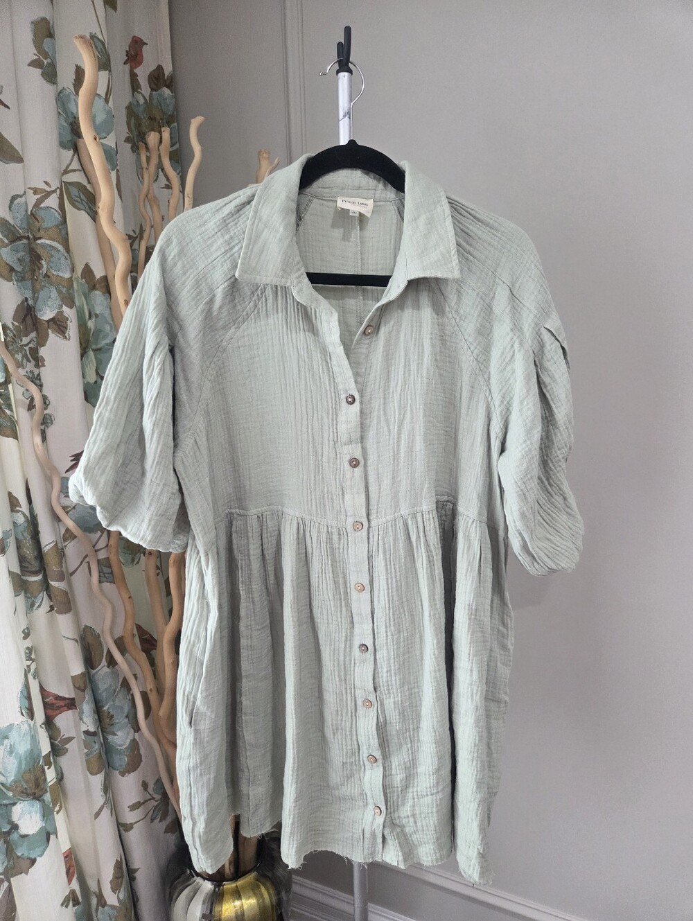 Peach Love California Sage Green Button-Down Gauze Tunic Shirt Dress Sz.S